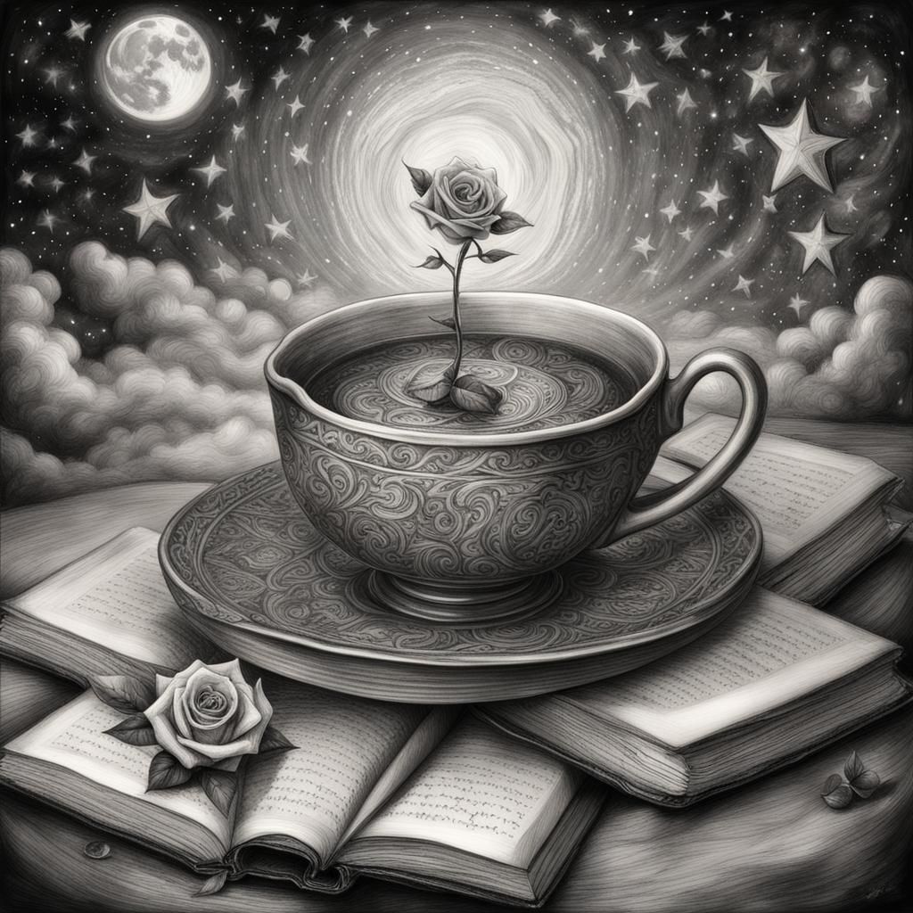Magical Spellbooks, Tea, Rose, and Stars in Charcoal