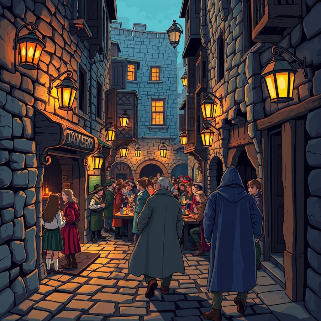 Fantasy Tavern Scene in Cobblestone Alleyway