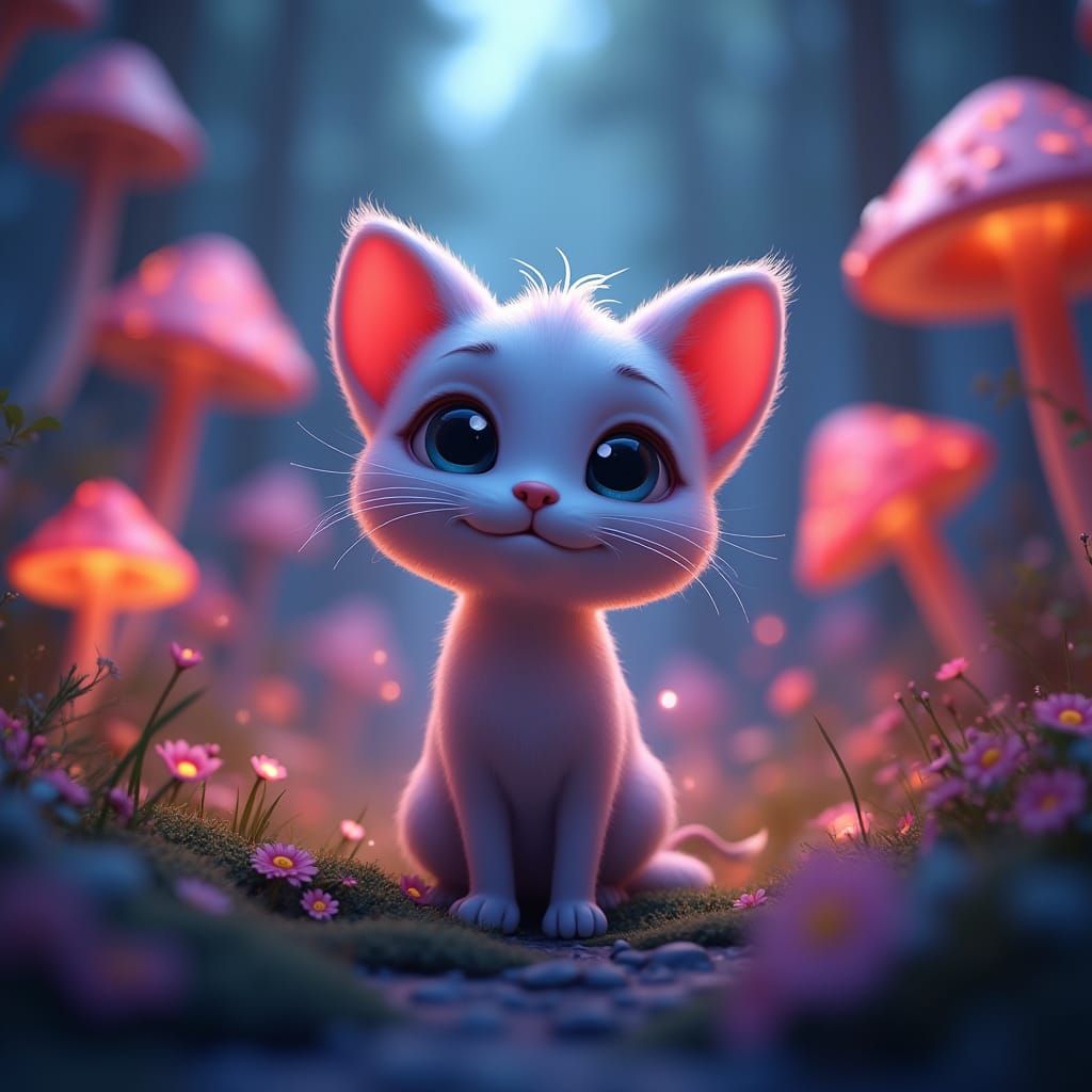 Whimsical Pixar-Style Kitten Explores Bioluminescent Forest