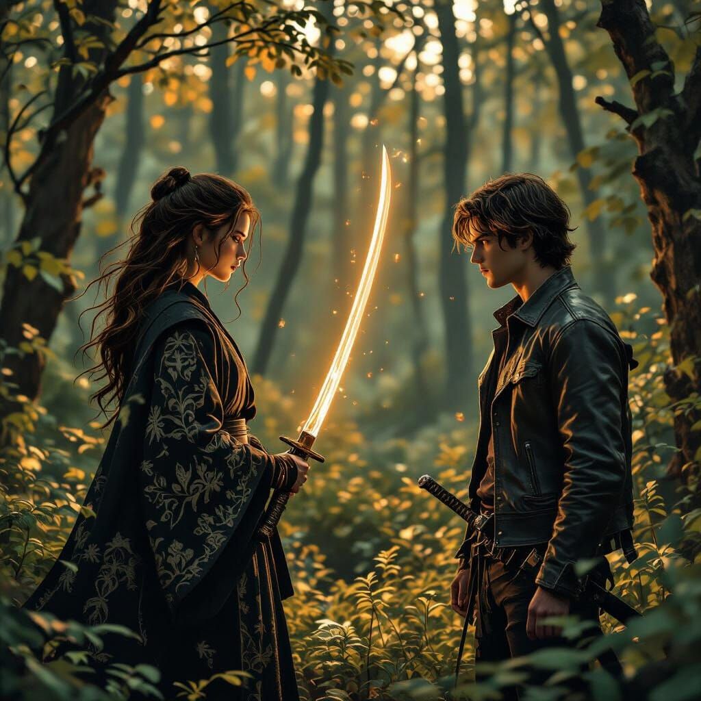 Mystical Forest Duel in Digital Art Style