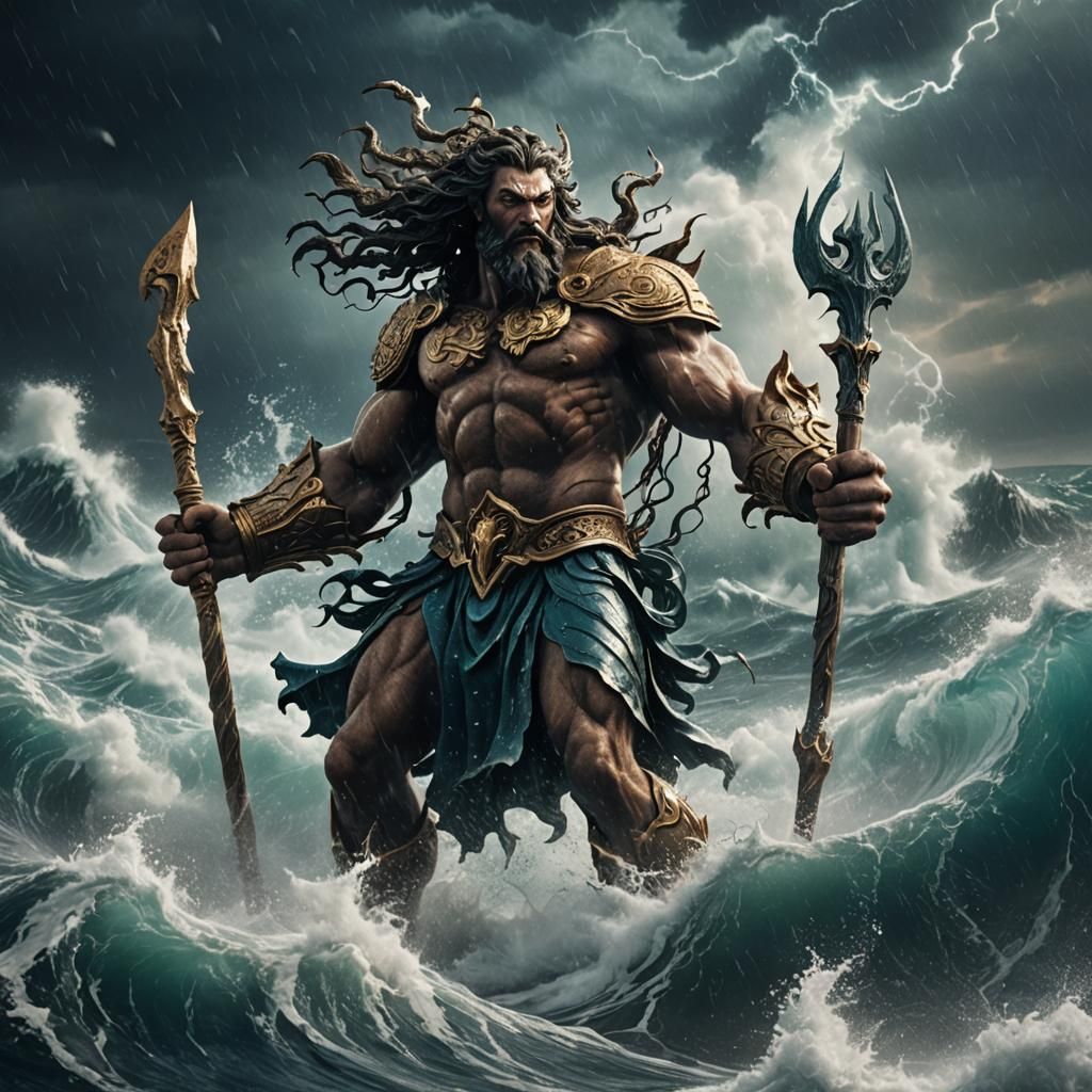 Poseidon in a Sea Storm: Detailed Matte Painting