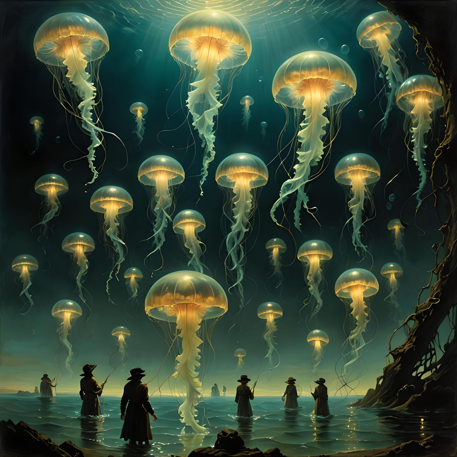 Surreal Jellyfish Swarm in Dreamscape, Bioluminescent