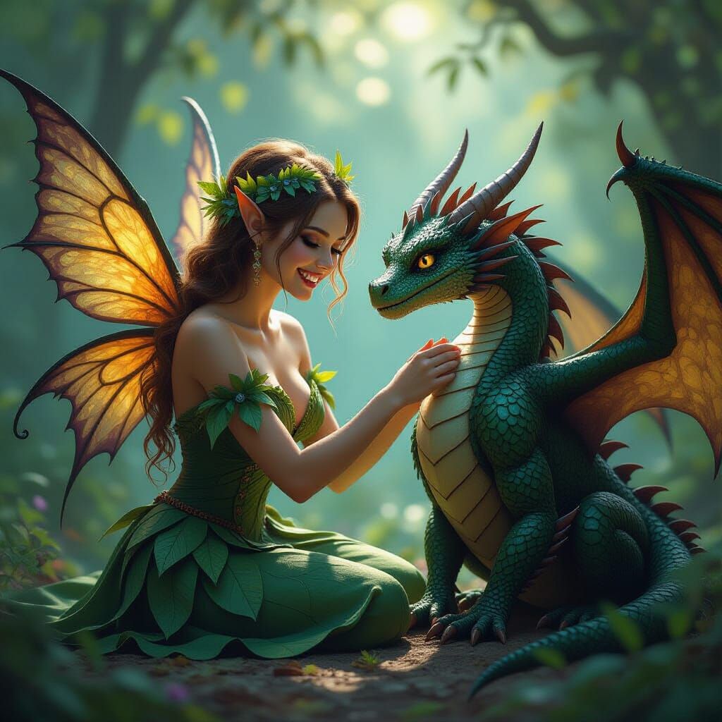 Gothic Fairy Helping Dragon, Dark Fantasy Concept Art