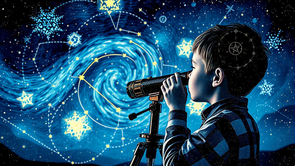 Boy Stargazing in Van Gogh Style Starry Night