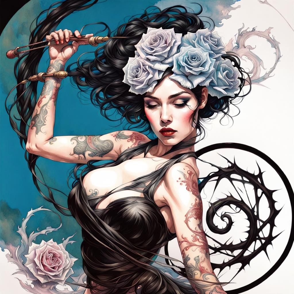 Gothic Pinup with Rose Whip in Art Nouveau Style