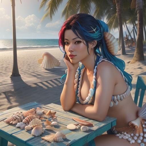 Seashell Seller by the Seashore: Hyperrealistic Splash Art