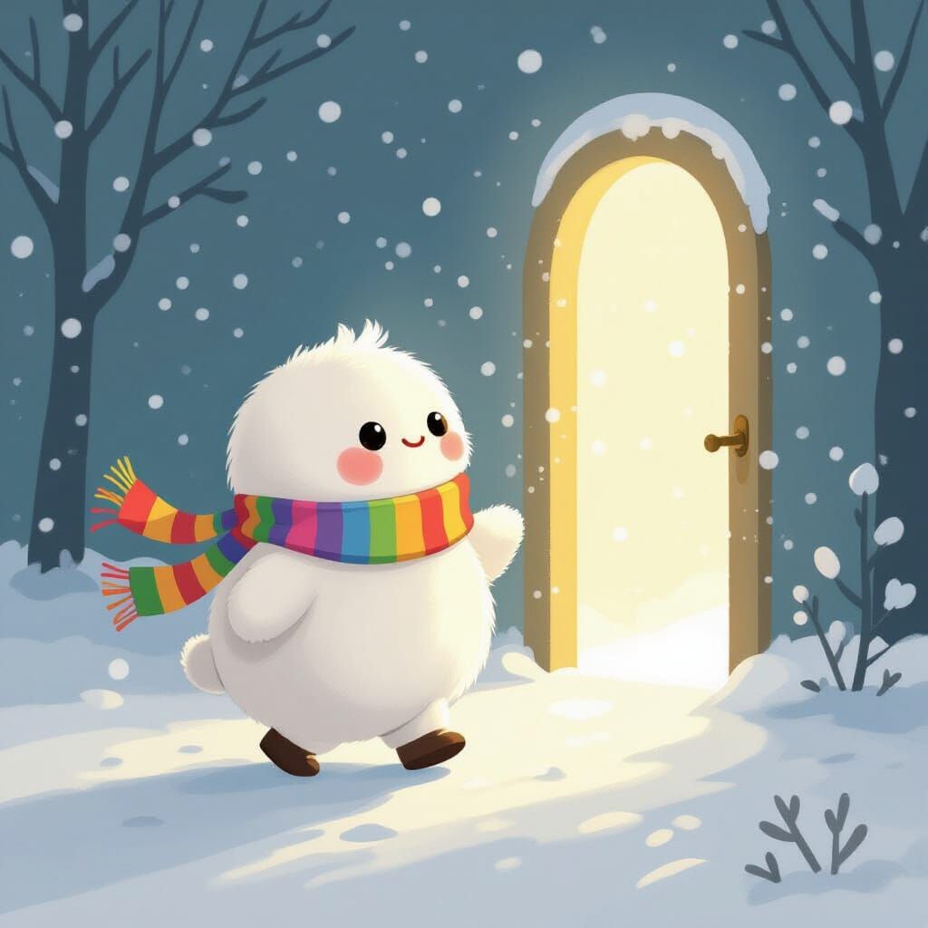 Cute Blob Creature Walks Through Blizzard Towards Light