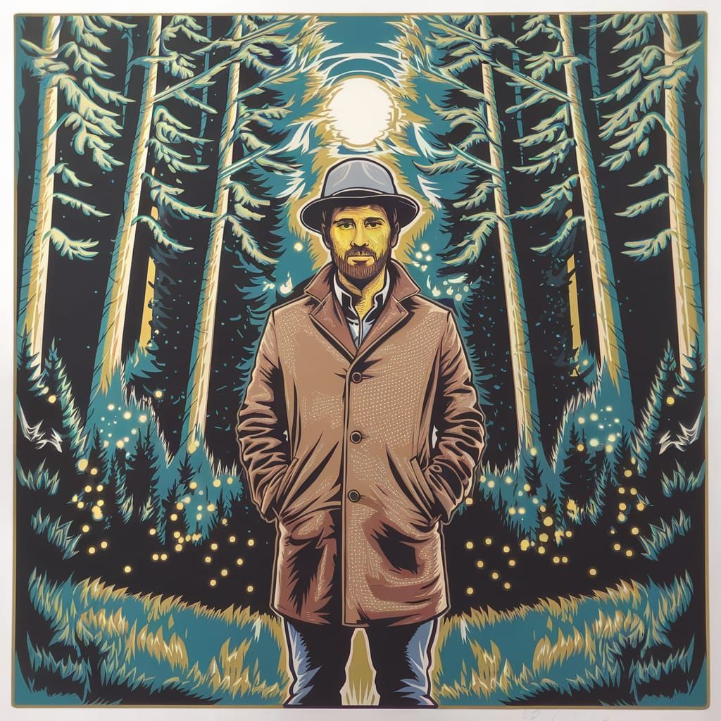 Pop Art Man in Forest Under Moonlight