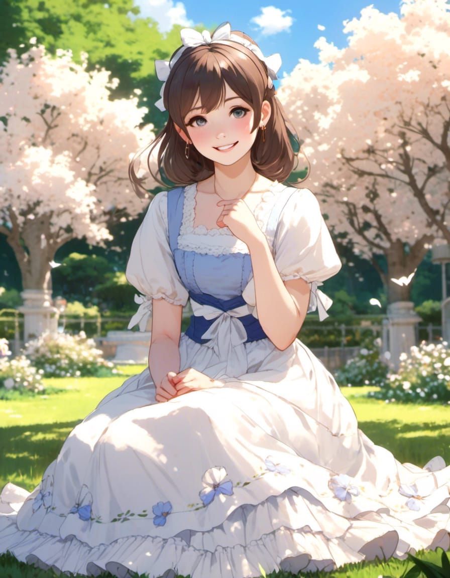 Joyful Anime Woman in Garden Portrait