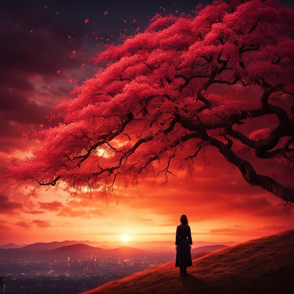 Girl Beside Sakura Tree at Sunset: Fantasy Photograph