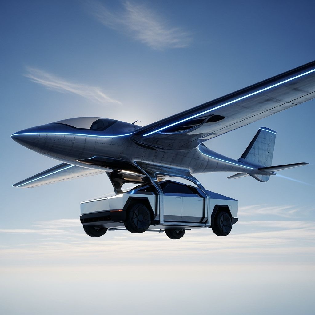 Futuristic Tesla Aircraft Transports Cybertruck in Sleek Sty...