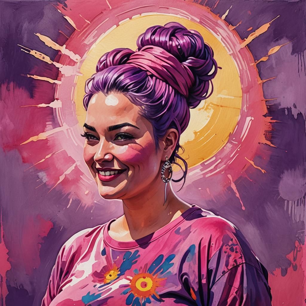 Beautiful smiling curvy medium plus size woman purple hair in messy bun. pink clothes with dark pink skulls, fishnet tig...