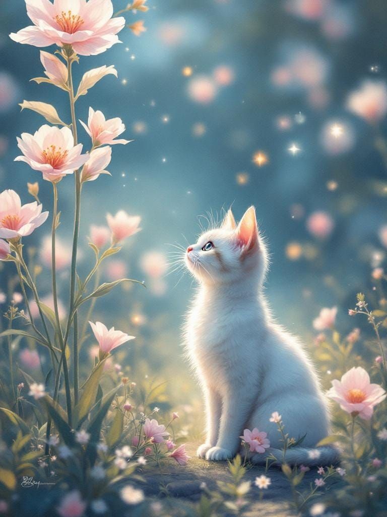 Anime Cat Under Flower, Painterly Style