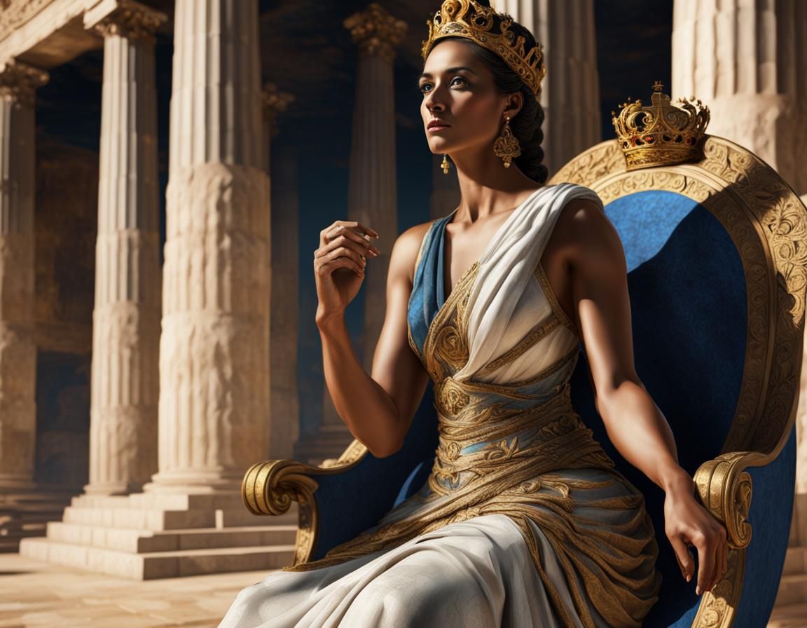 Evision of the ancient greek goddess Hera, sitting in her ancient temple home, pomegranate, sceptre and a crown (polos ...