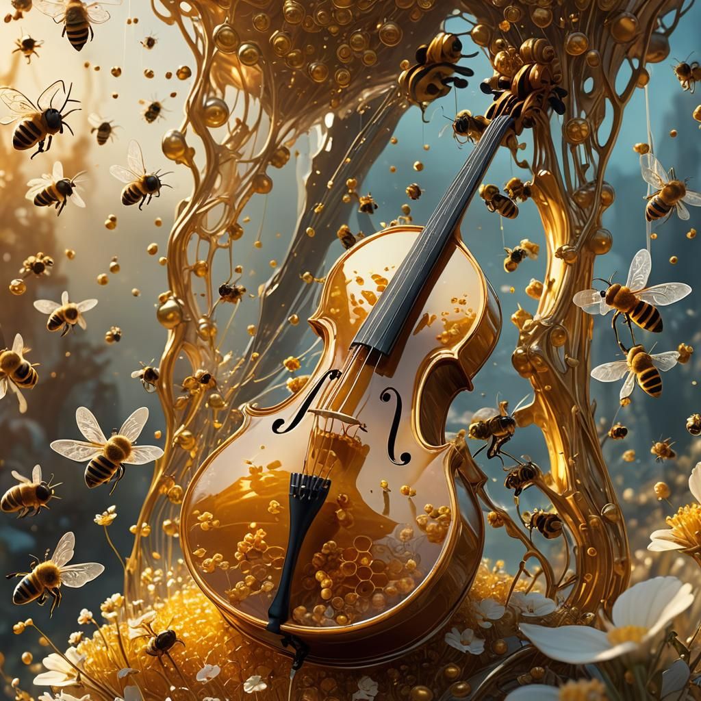 Glass Cello with Honey and Bees in Dreamlike Style