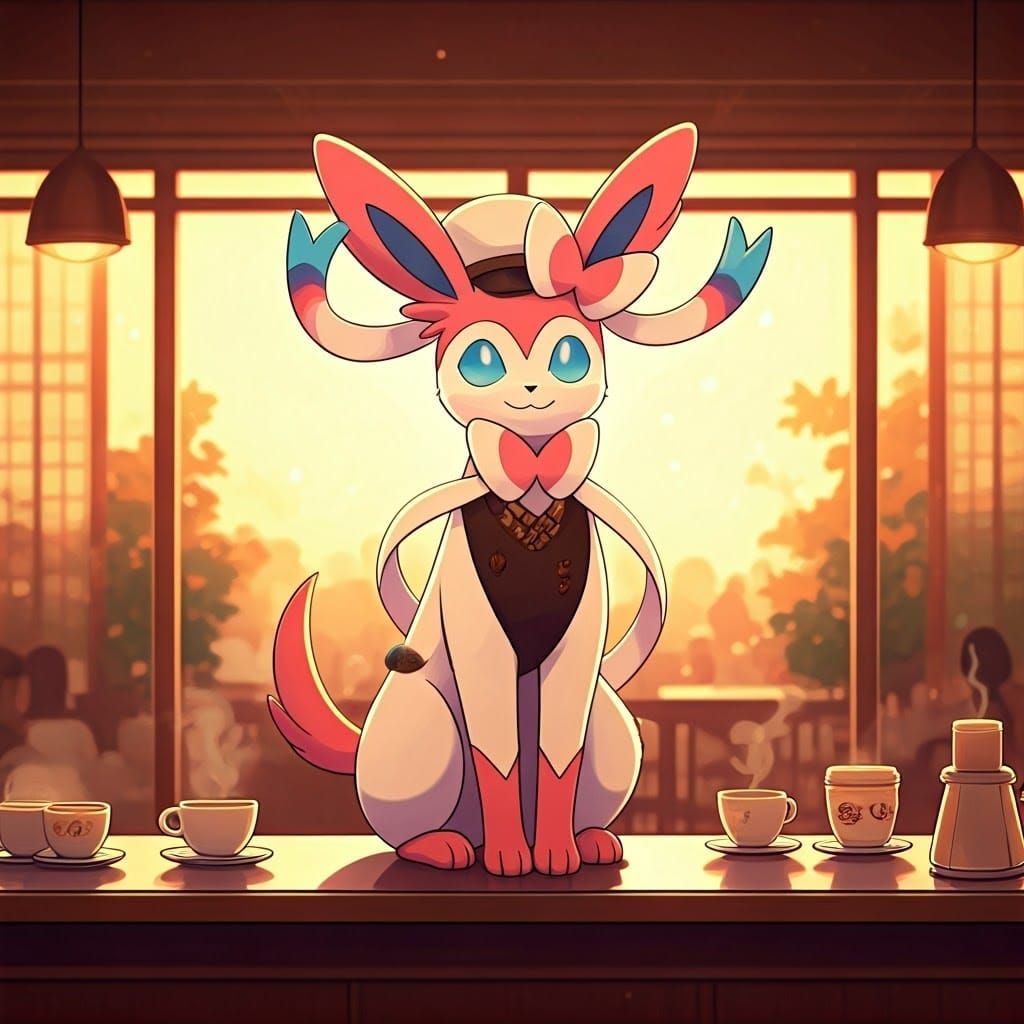 Regal Sylveon Barista in Vibrant Café