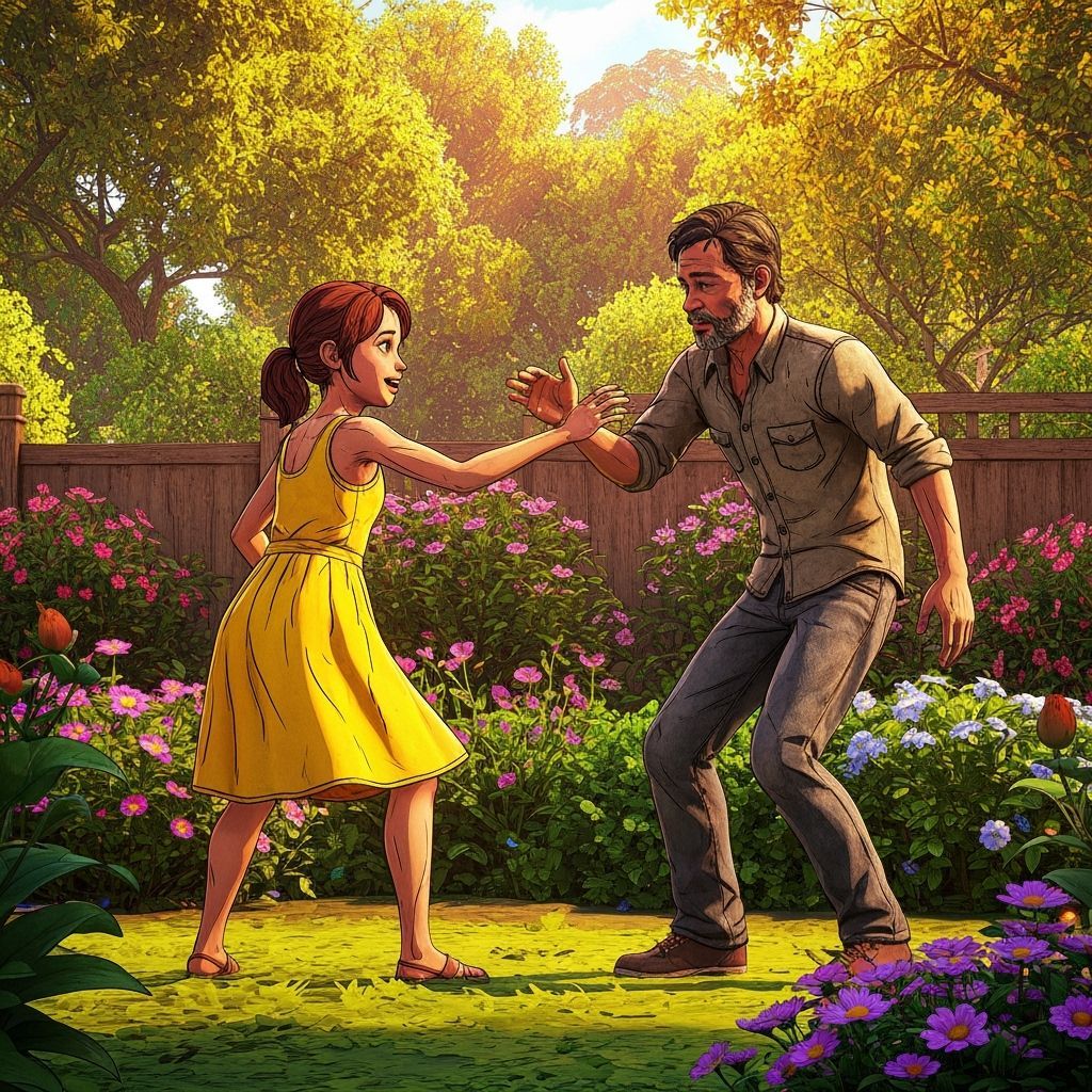 Clementine and Lee Play in Backyard, 3D Render