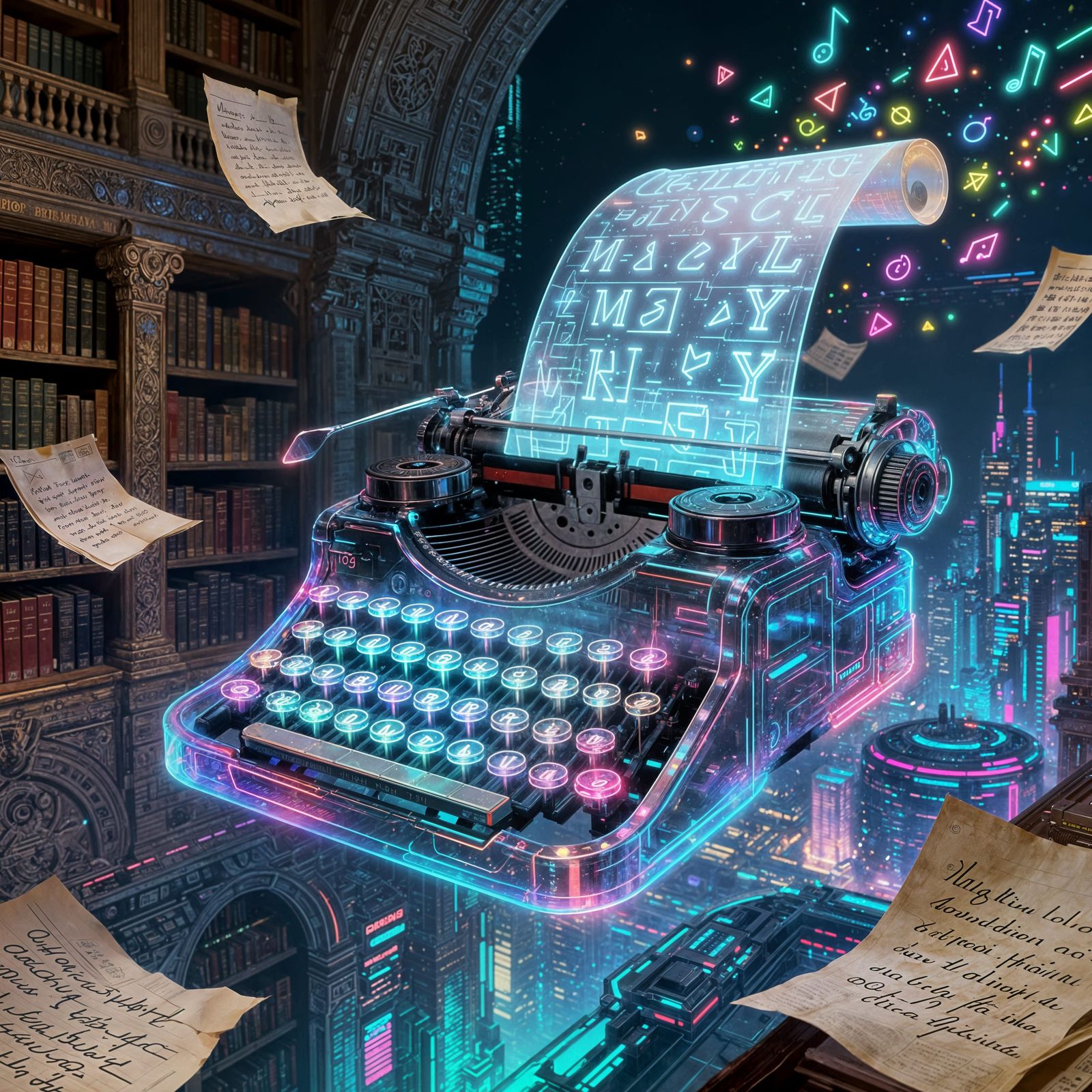 Glowing Holographic Typewriter in Cyberpunk Library Cityscap...