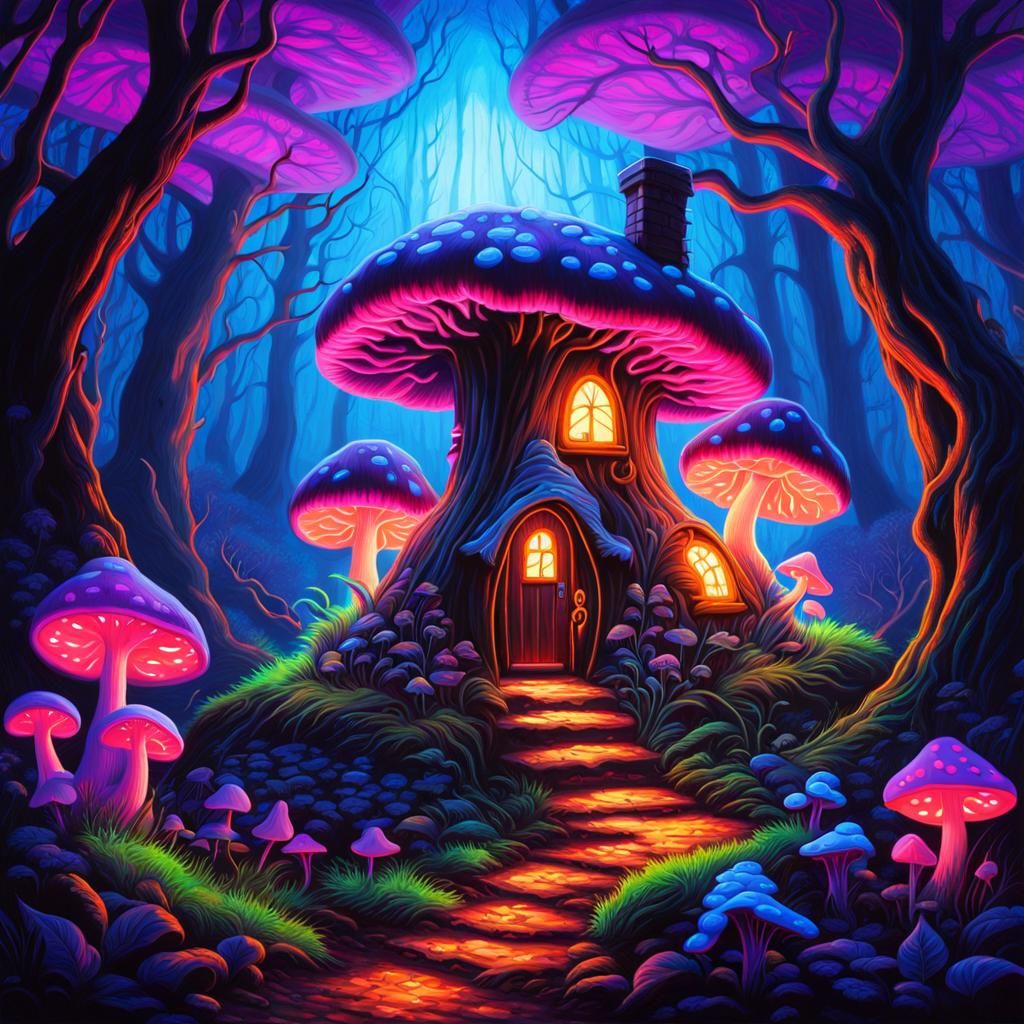 Neon Fairy Cottage in Mushroom Forest