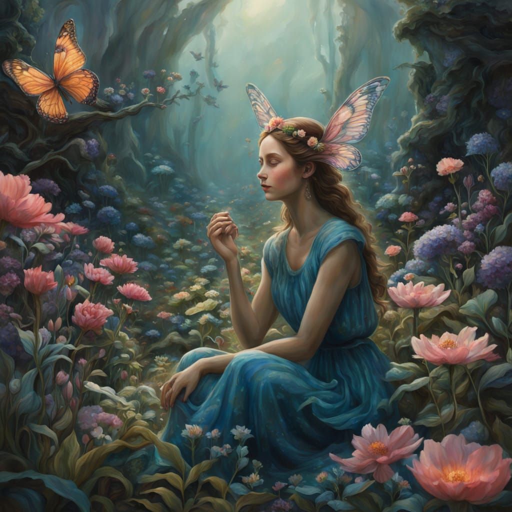 Whimsical Garden Goddess Amidst Blooming Faeries