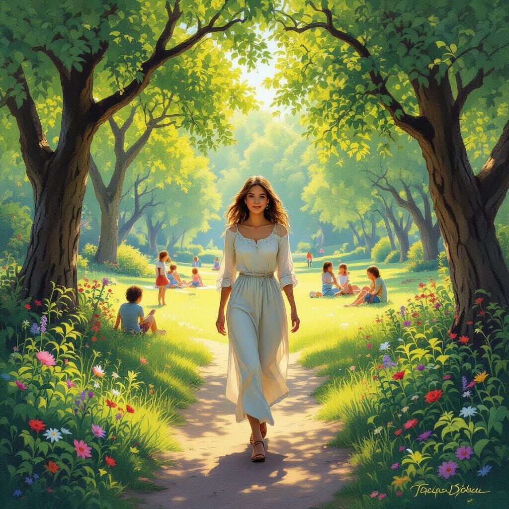 Walking through the park,  people playing in a clearing