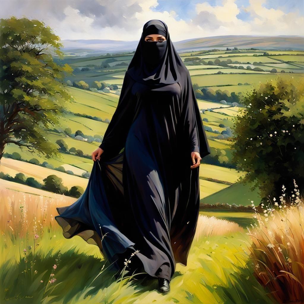 Irish Niqabi Girl in Countryside Landscape