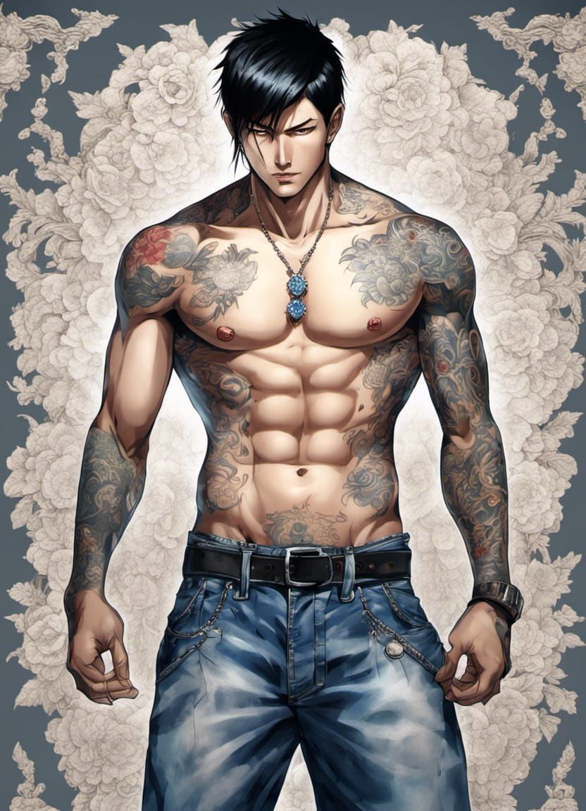 Anime Yakuza Man with Tattoos in Deep Color