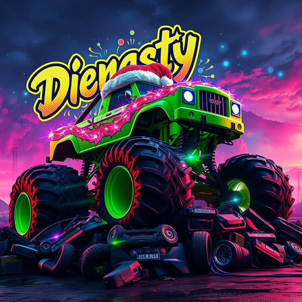 Glowing Monster Truck in Festive Graffiti Scene, Syd Mead-In...