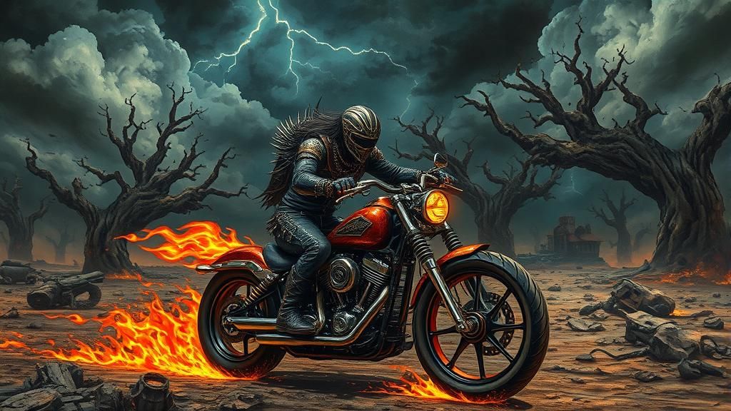 Rocker Rides Flame Motorcycle in Dystopian Wasteland