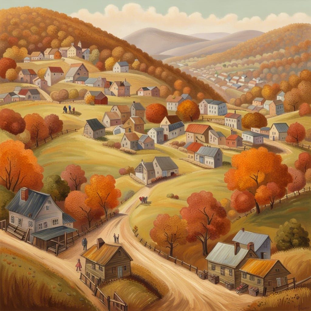 Rural Town in Valley During Autumn, Impressionistic Style