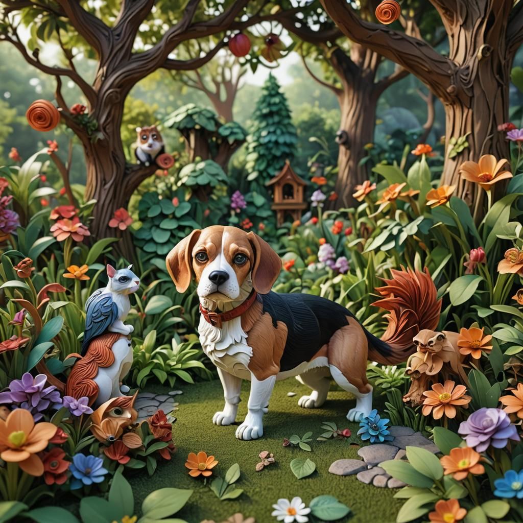 Paper Quilled Beagle, Cat, and Squirrel Garden