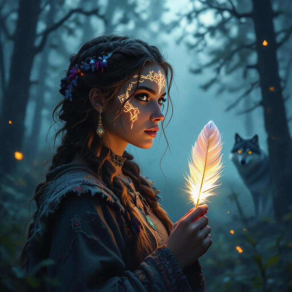 Nordic Woman with Runes in Misty Forest, Fantasy Art