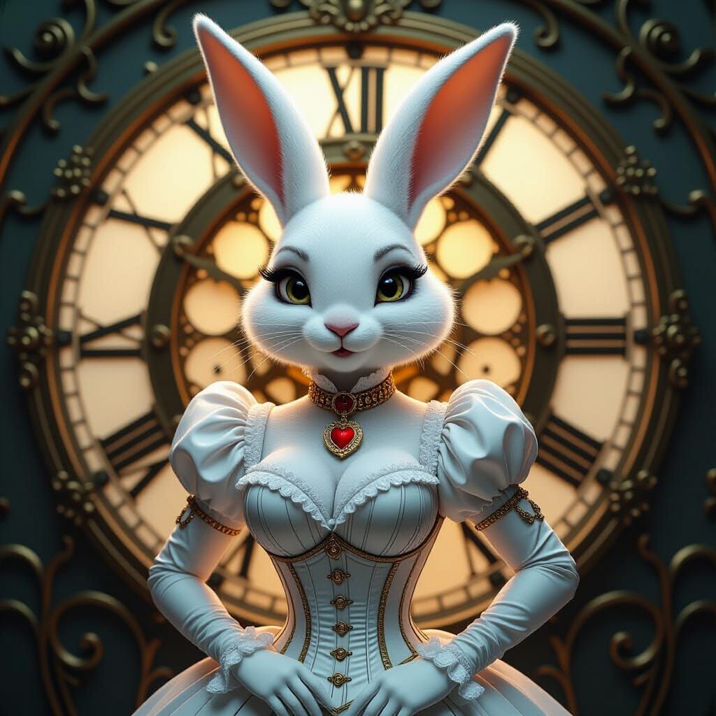 Victorian White Rabbit Queen in Clockwork Art Nouveau Scene