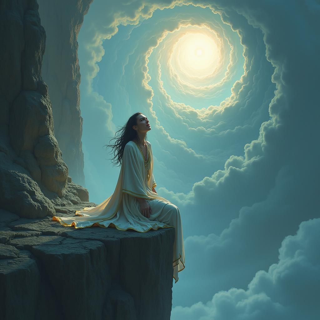 Woman Crying Out in Ethereal Cliffside Storm