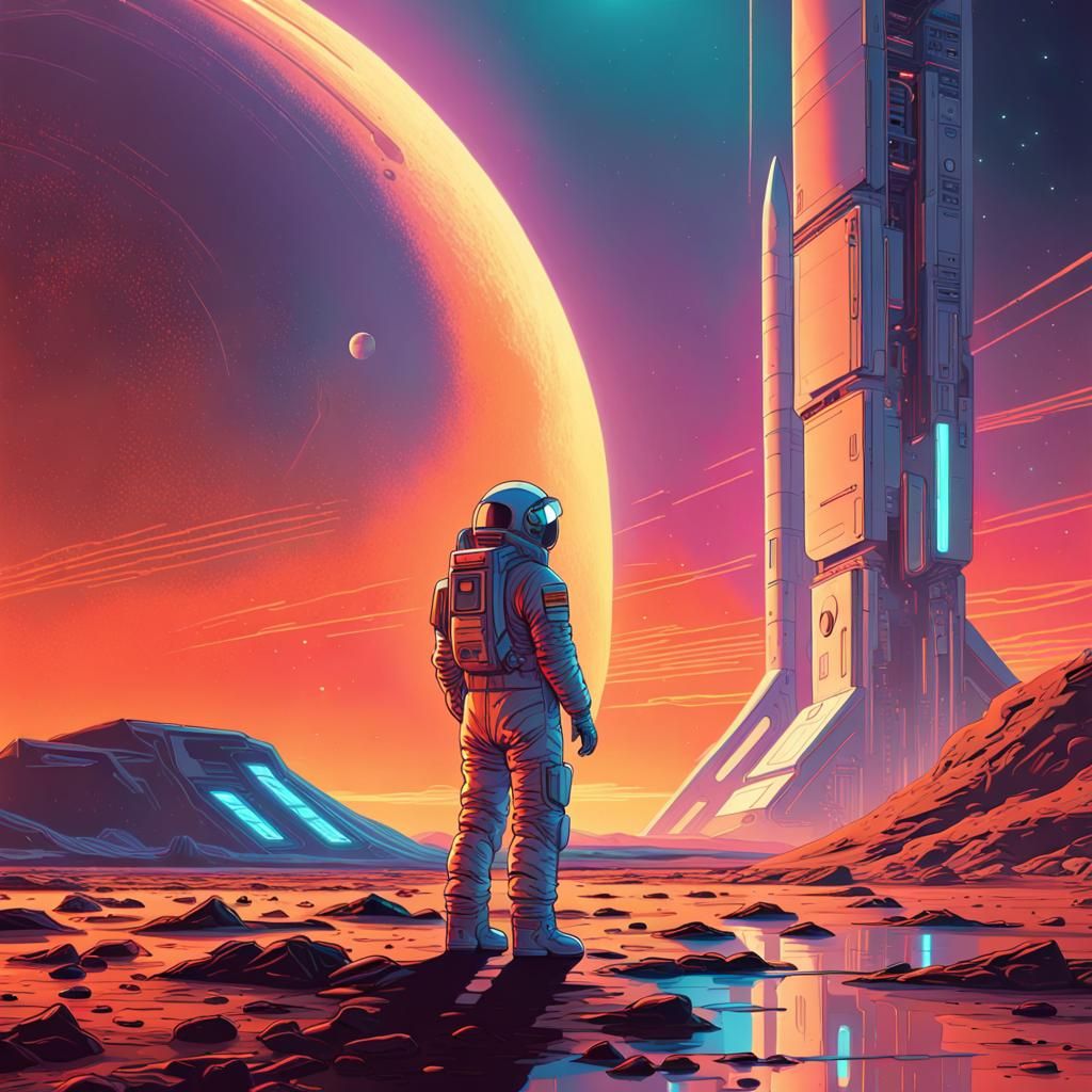 Astronaut on Distant Planet in Retro-Futuristic Style