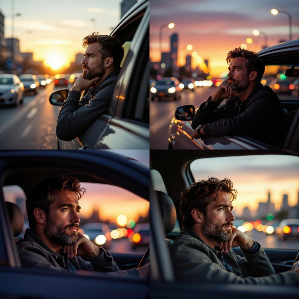 Man Contemplates Escape From Traffic Jam at Sunset