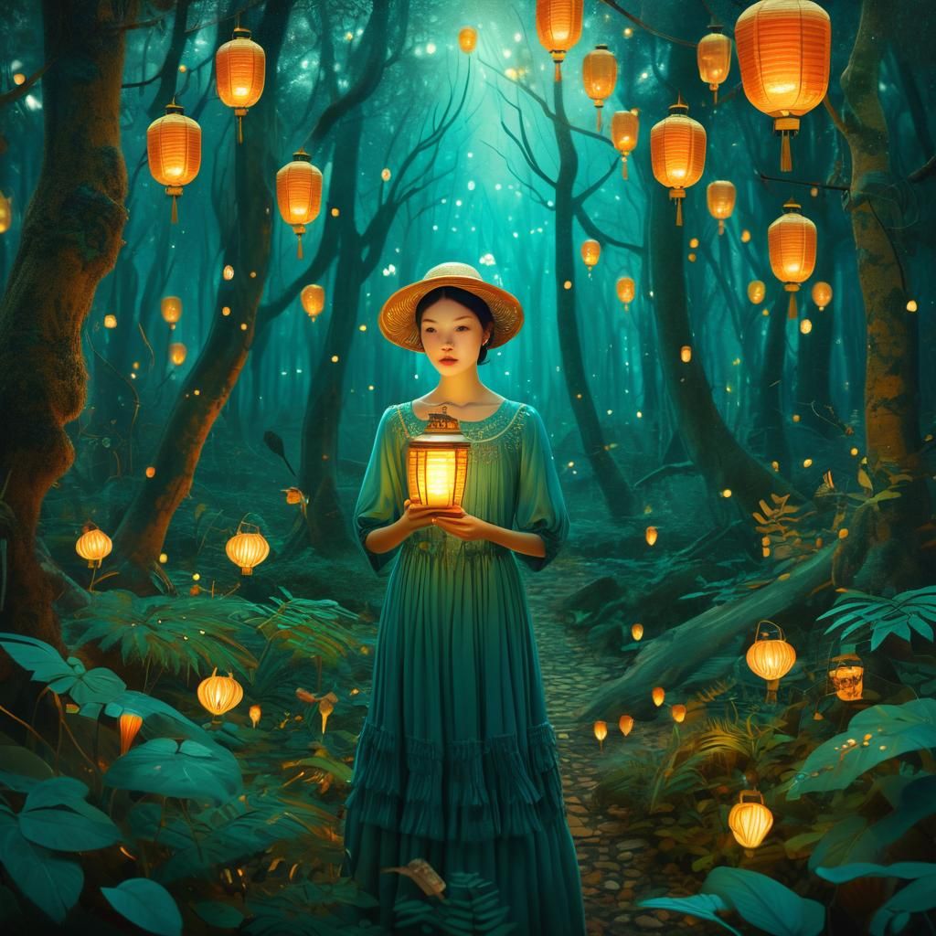 Enchanted Forest Woman with Lanterns: Fantasy Art