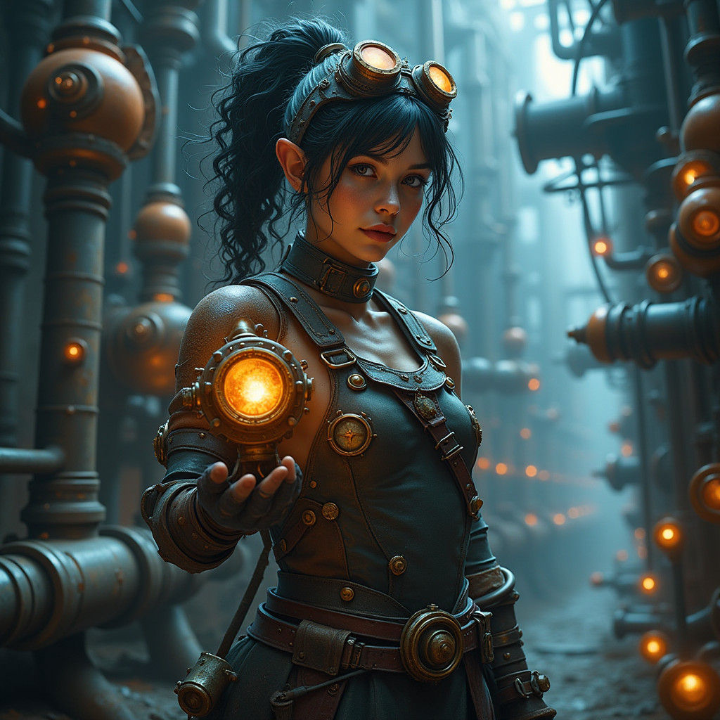 Dwarf Engineer in Industrial Fantasy Landscape