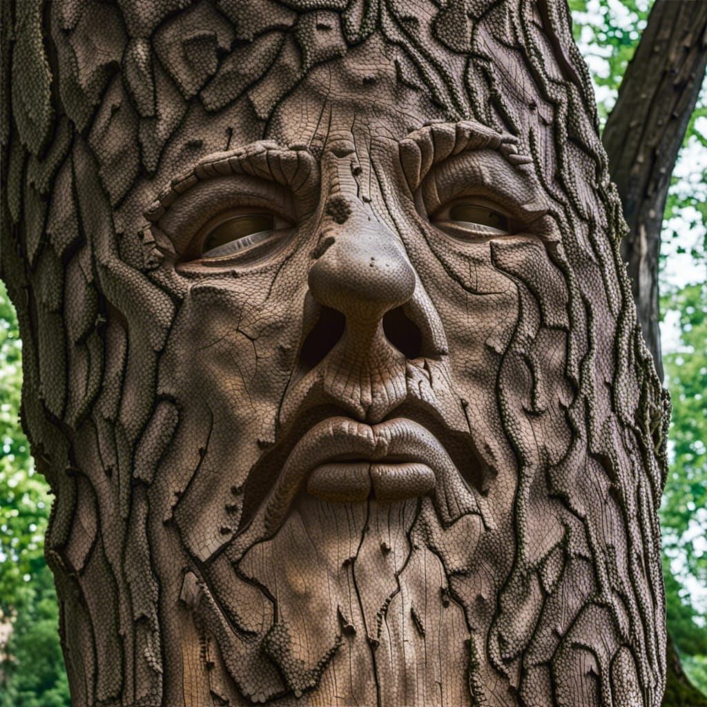 Man's Face Carved into a Tree Trunk