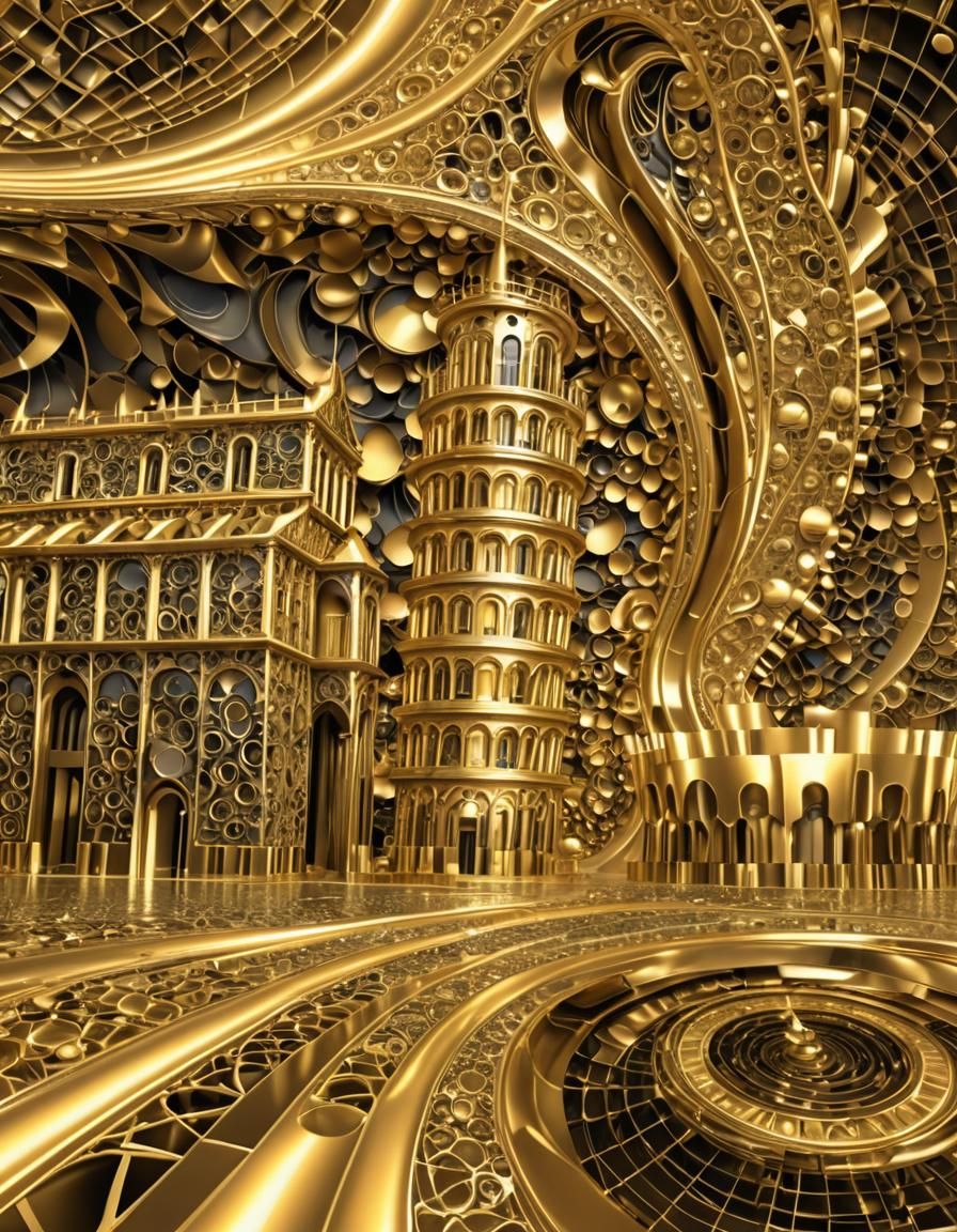 Golden Wave Fractal Tower in Futuristic Style