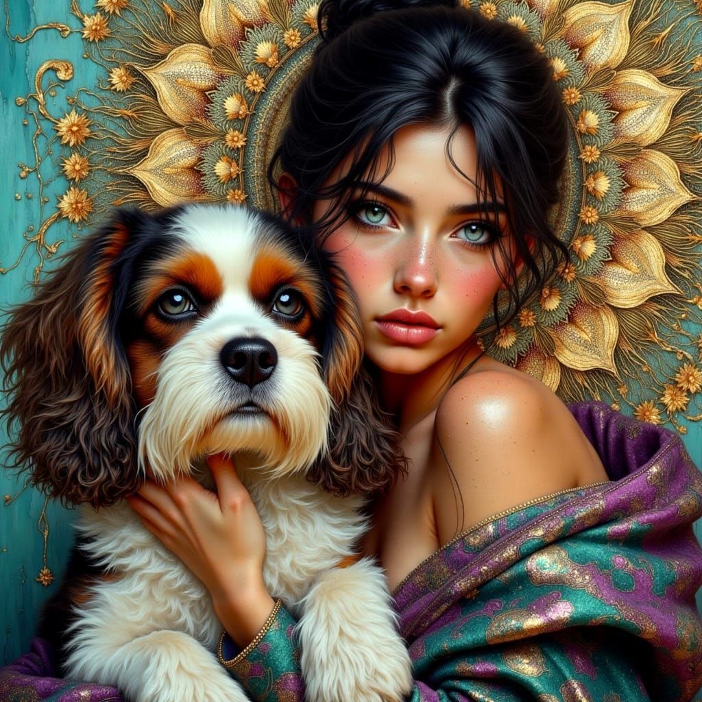 Sensual Woman with Cavalier, Hyperdetailed Oil Painting