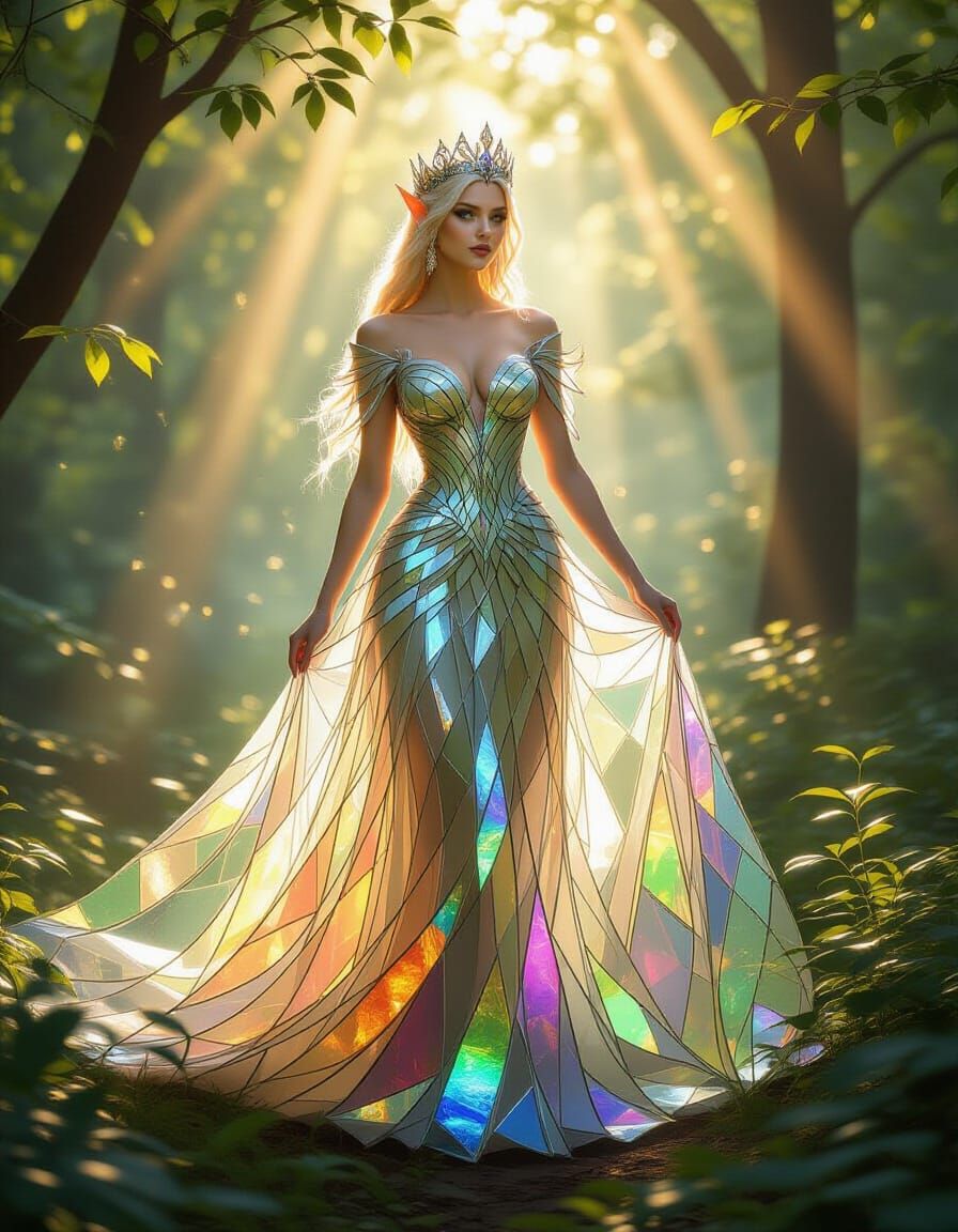 Elven Queen in Glass Dress in Sunlit Forest