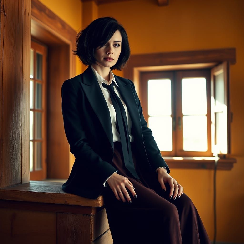 Elegant Woman in Sunlit Room, Inspired by Rural Landscapes