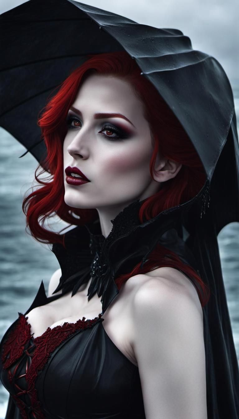 Redhead Vampire in Stormy Ocean, Dark Fantasy