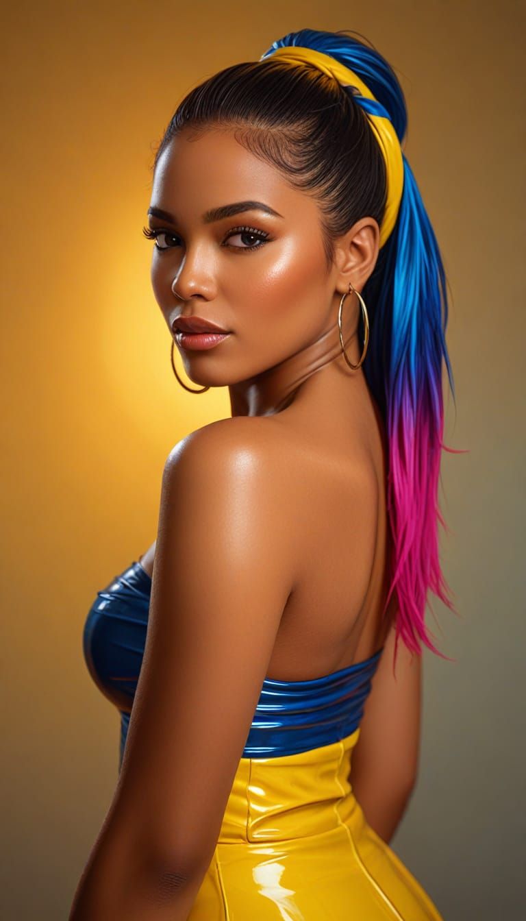 Dominican Woman in Latex Skirt, Vibrant Oil Painting Style