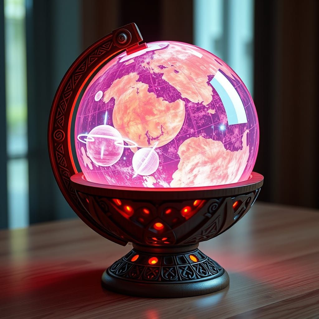 Illuminated Globe Projecting a Neon Planetary System