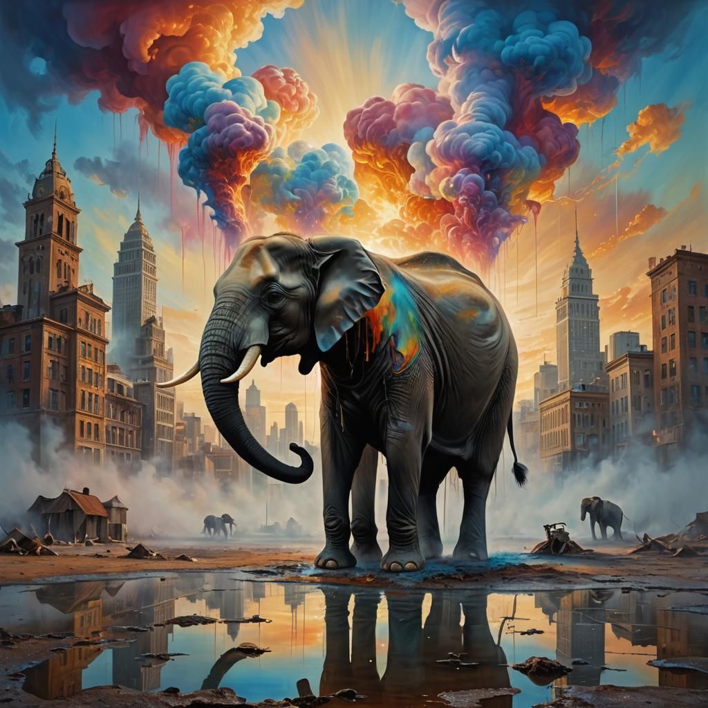 Dreamlike Elephant in Melting City, a Surreal Oil Painting