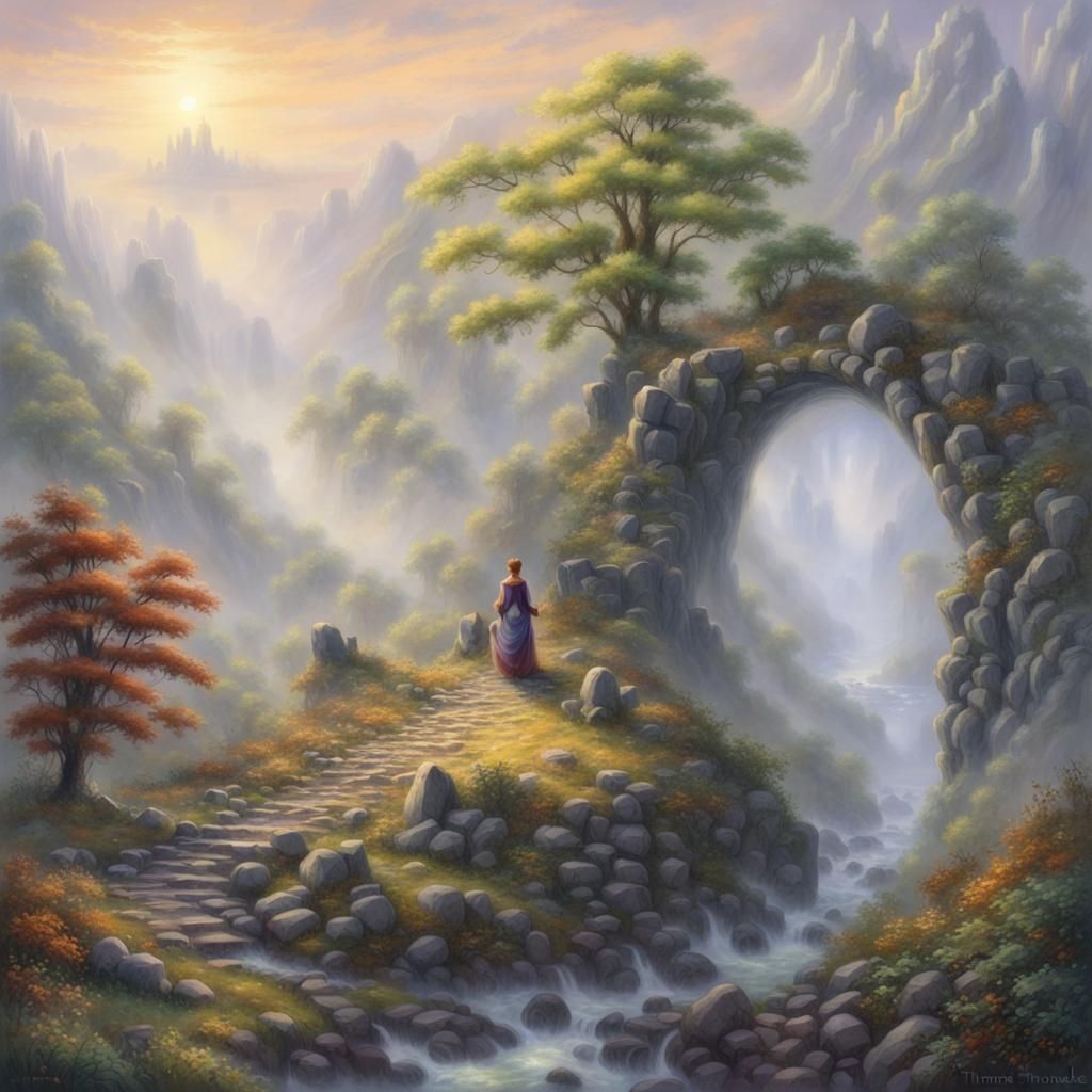 elf, ancient druid stones in a ring, misty morning.