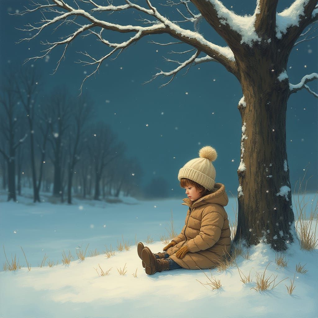 Baby Girl in Winter Night, Whimsical Art