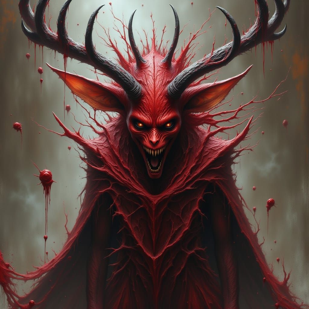 A red, possessed tiefling-like creature, tormented, with sta...